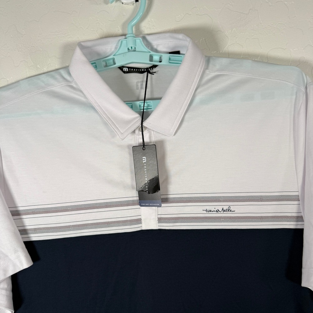 Travis Mathew Polo Shirt Mens 2XL White Navy Colorblock Golf Pali Casual New